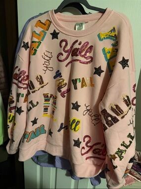 QUEEN OF SPARKLES Pink Sequin "Y'all" Sweatshirt